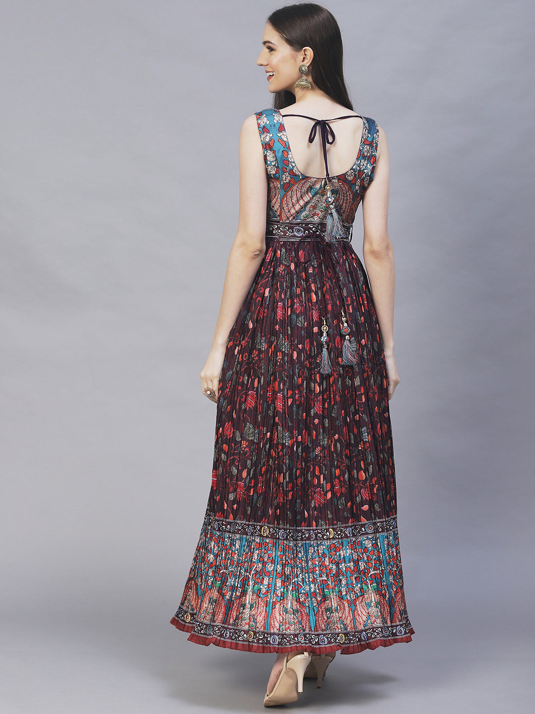 Ethnic Printed & Hand Embroidered Maxi Flared Dress & Belt - Deep Wine