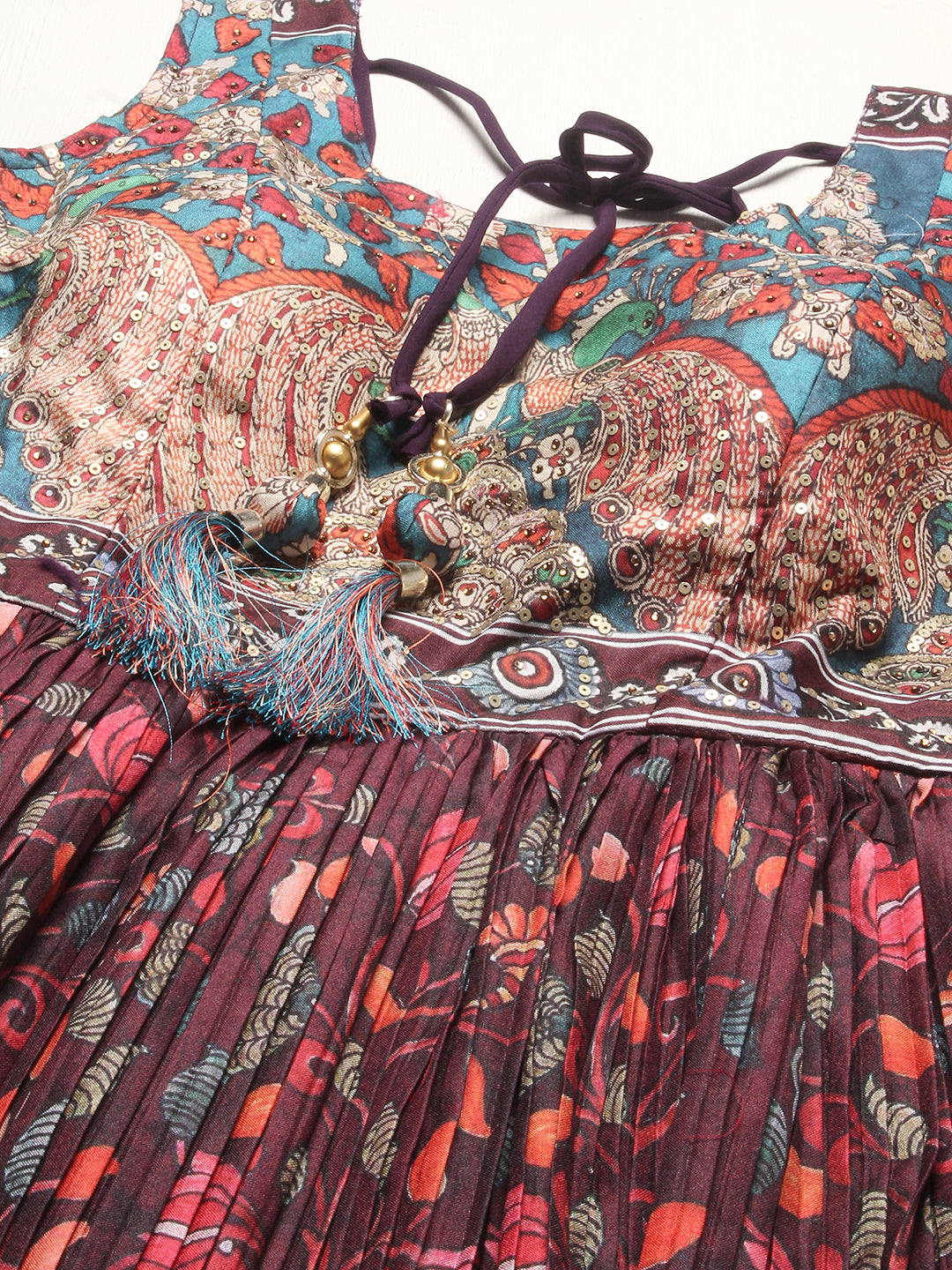 Ethnic Printed & Hand Embroidered Maxi Flared Dress & Belt - Deep Wine