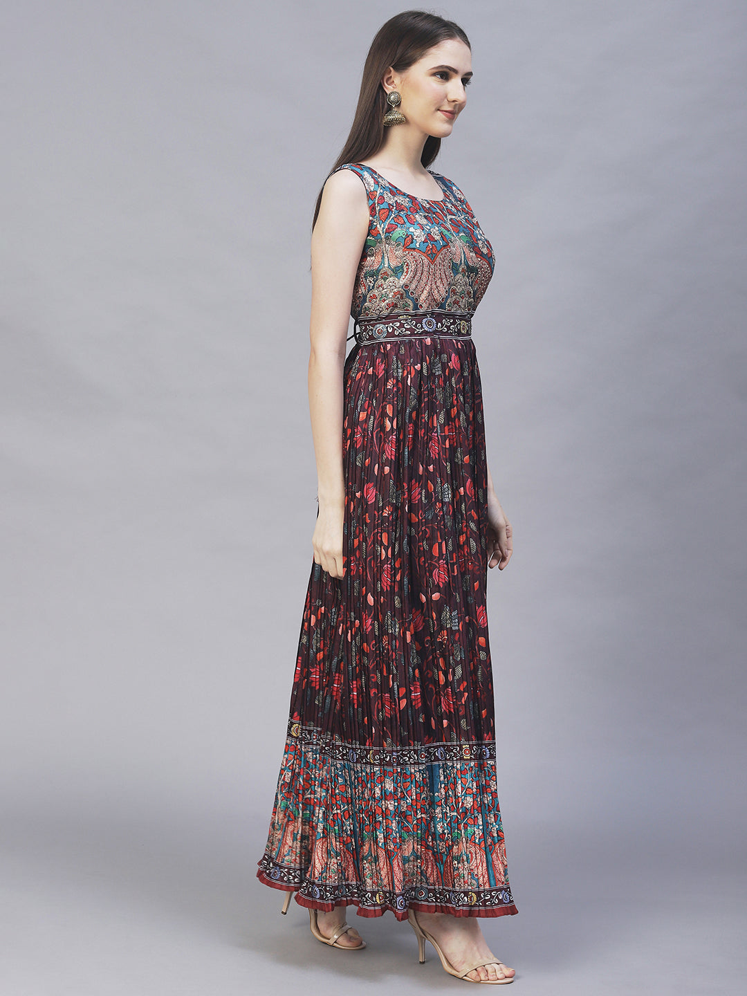 Ethnic Printed & Hand Embroidered Maxi Flared Dress & Belt - Deep Wine