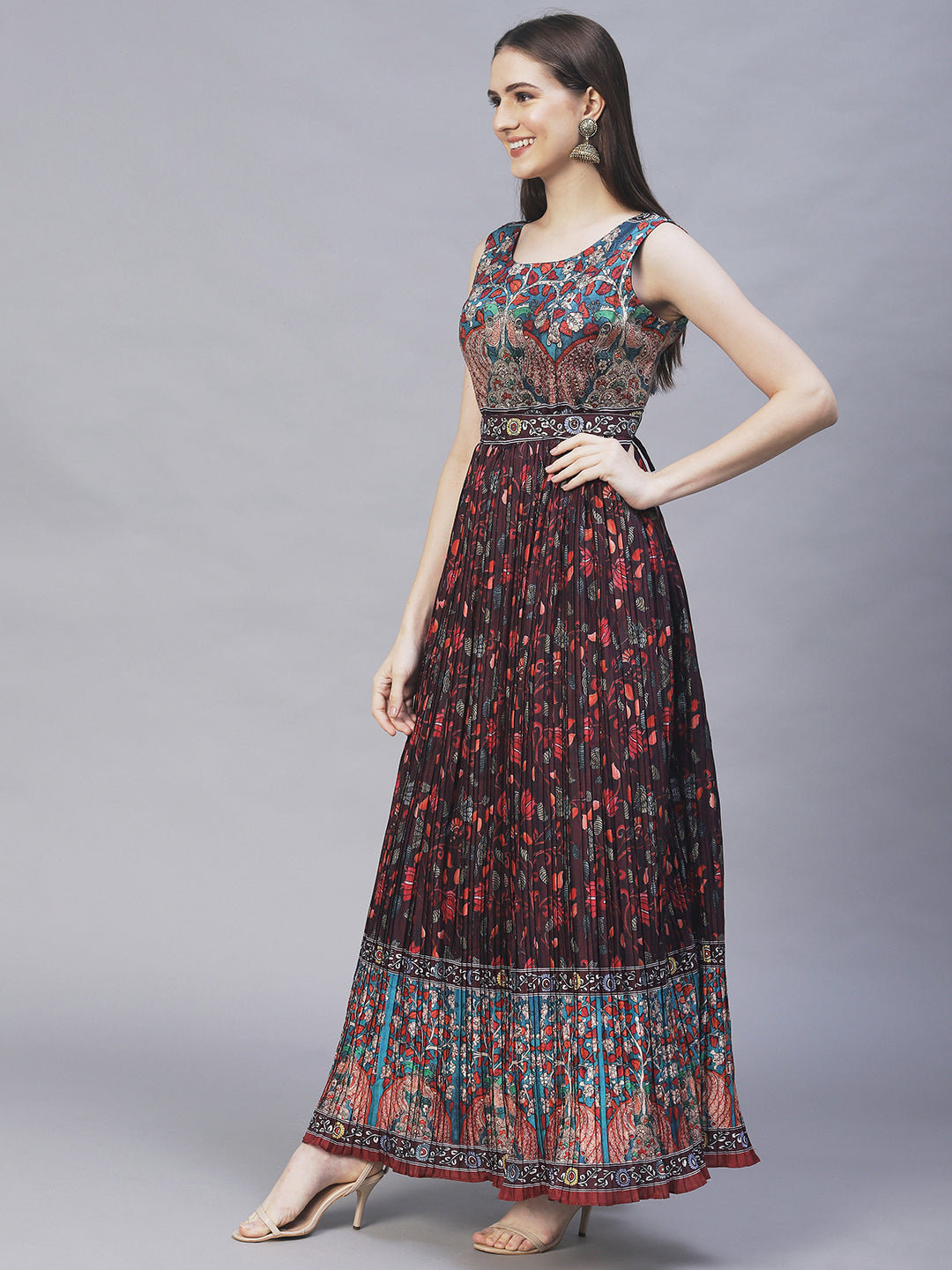 Ethnic Printed & Hand Embroidered Maxi Flared Dress & Belt - Deep Wine