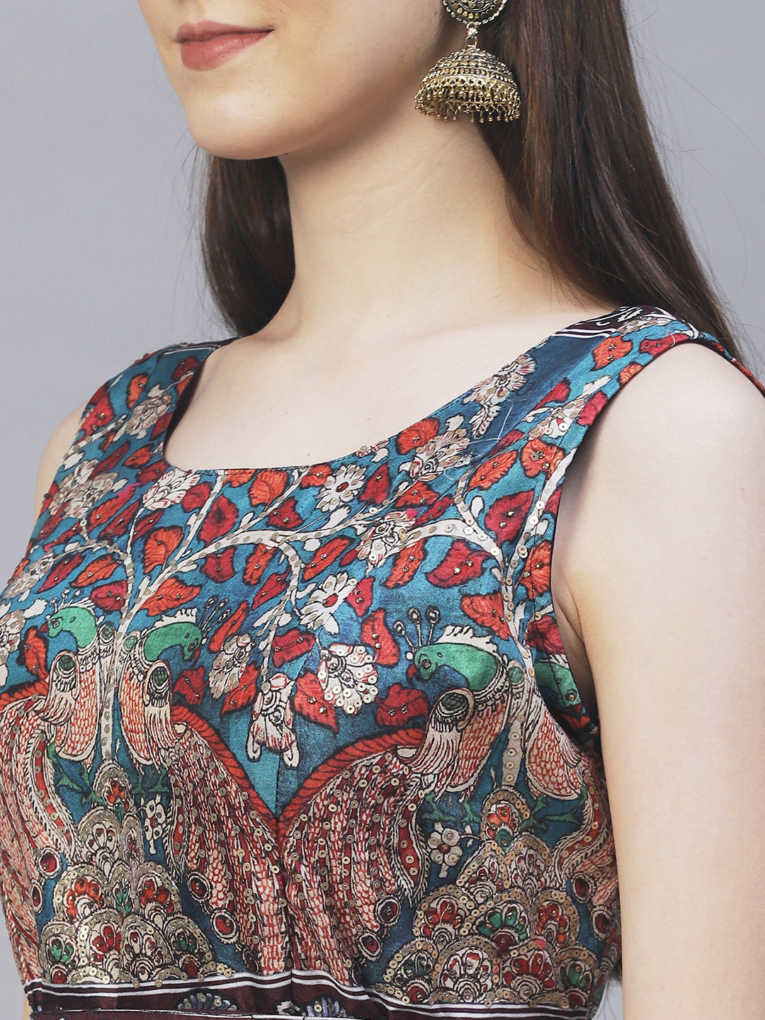 Ethnic Printed & Hand Embroidered Maxi Flared Dress & Belt - Deep Wine