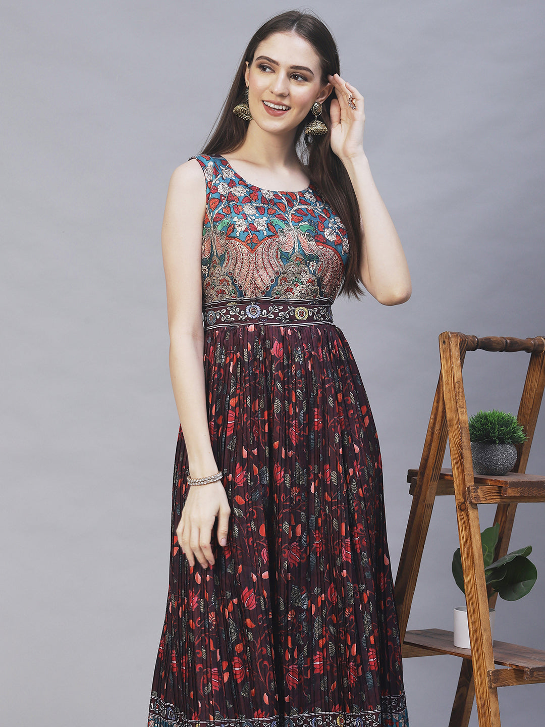 Ethnic Printed & Hand Embroidered Maxi Flared Dress & Belt - Deep Wine