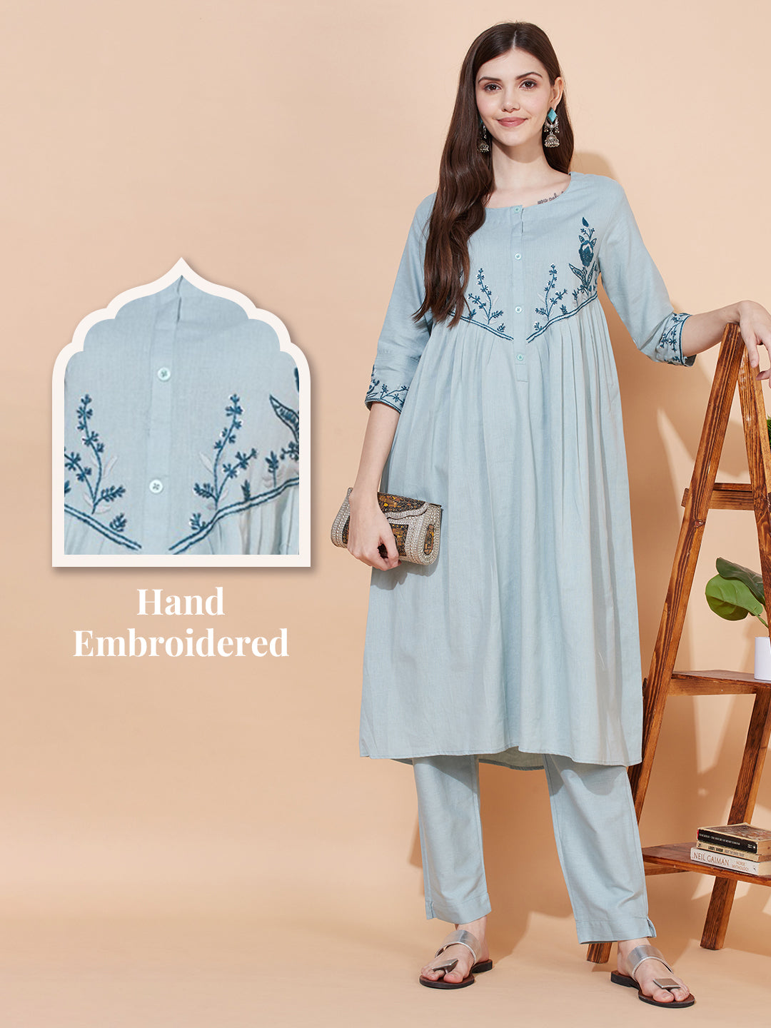 Floral Hand Embroidered A-Line Kurta with Pants - Powder Blue