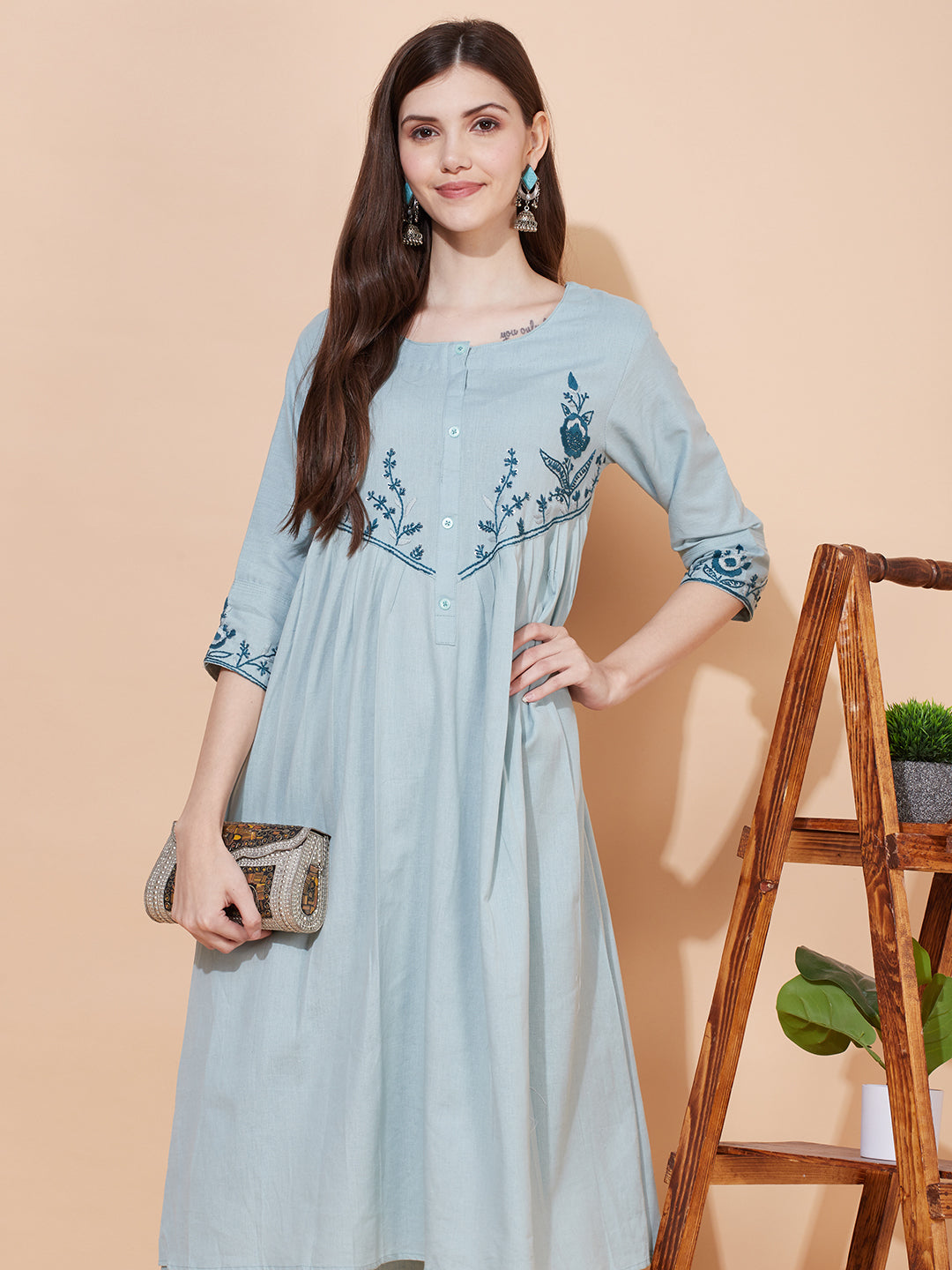 Floral Hand Embroidered A-Line Kurta with Pants - Powder Blue