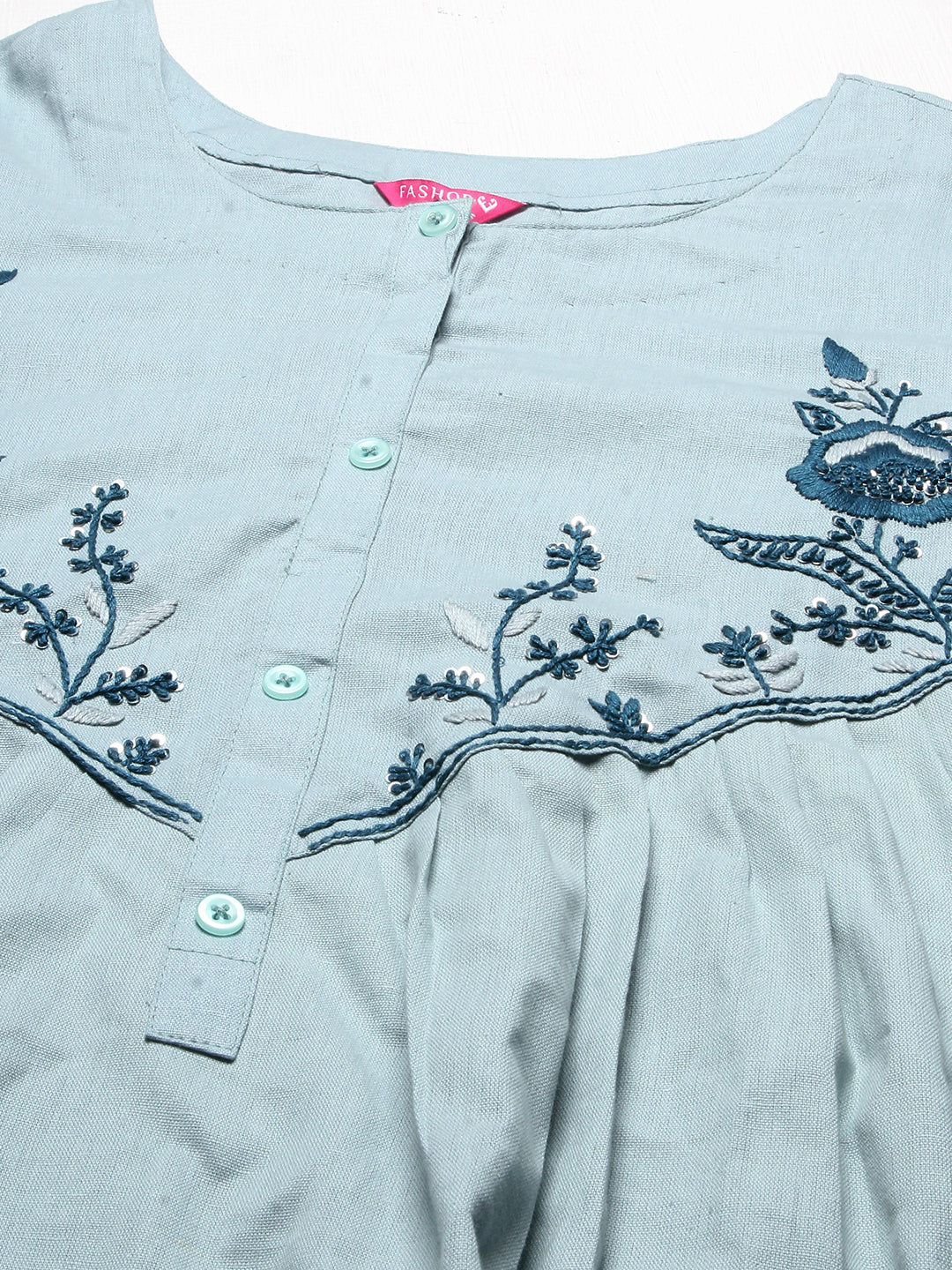 Floral Hand Embroidered A-Line Kurta with Pants - Powder Blue