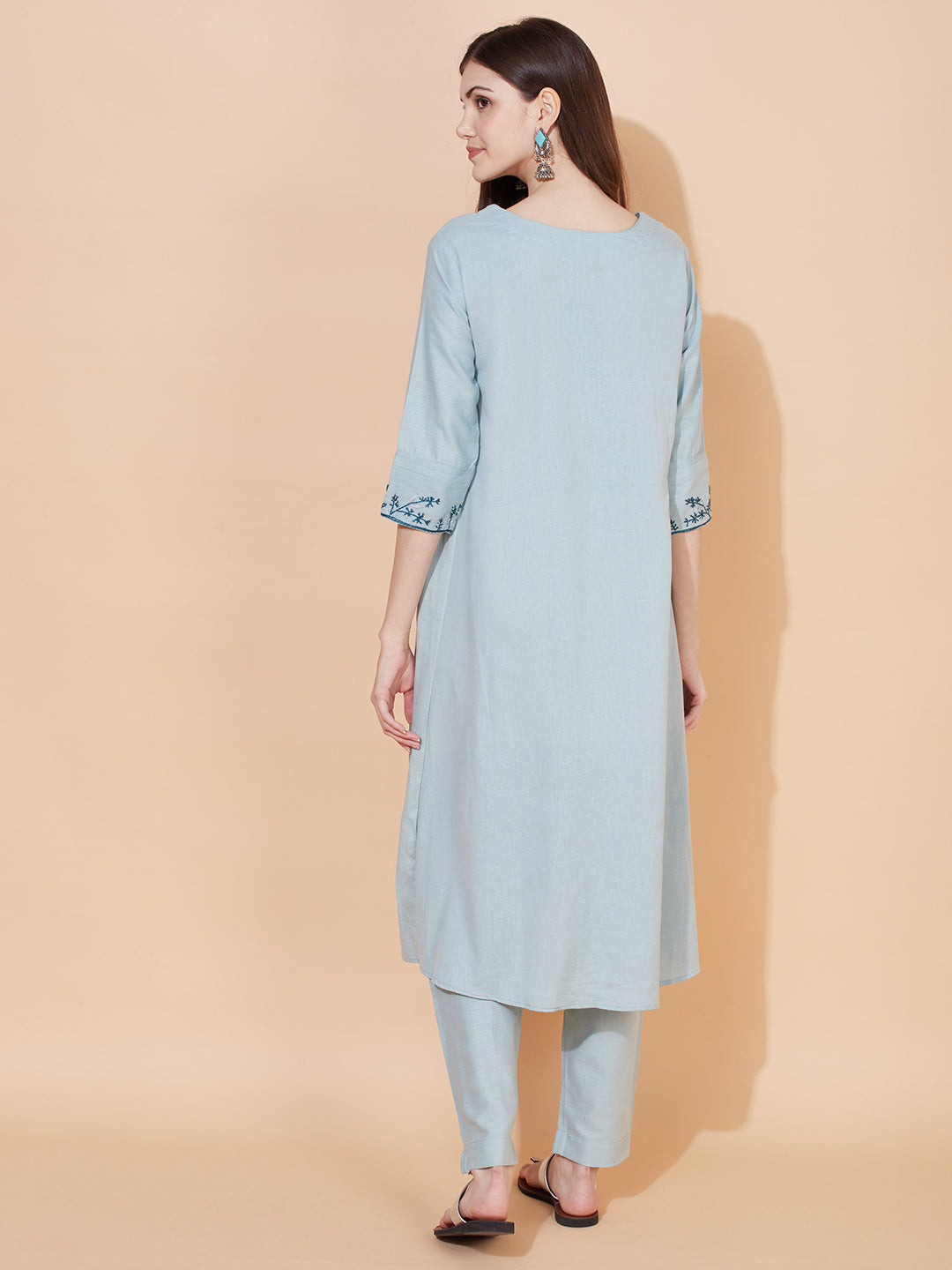 Floral Hand Embroidered A-Line Kurta with Pants - Powder Blue