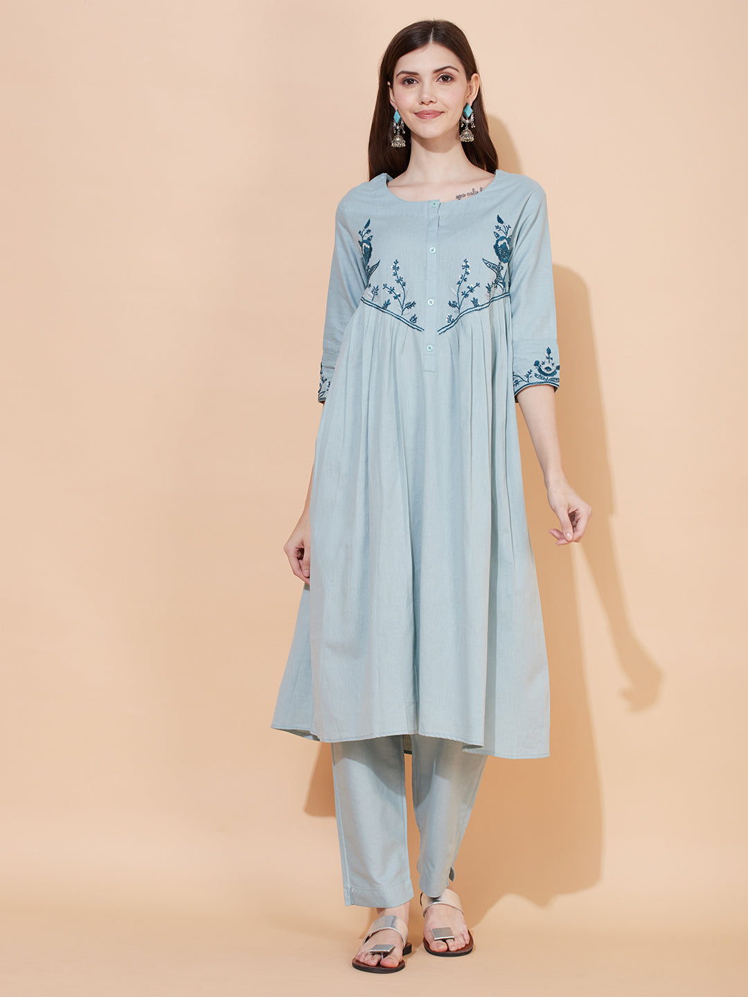Floral Hand Embroidered A-Line Kurta with Pants - Powder Blue