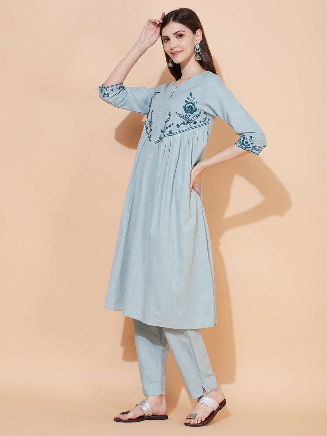 Floral Hand Embroidered A-Line Kurta with Pants - Powder Blue