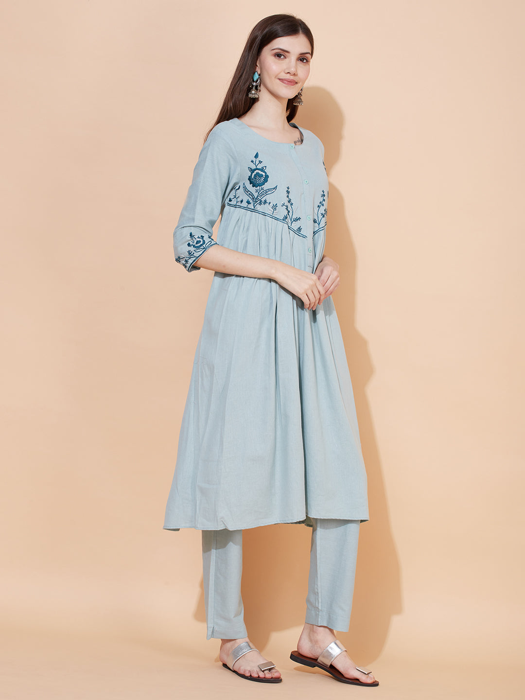 Floral Hand Embroidered A-Line Kurta with Pants - Powder Blue