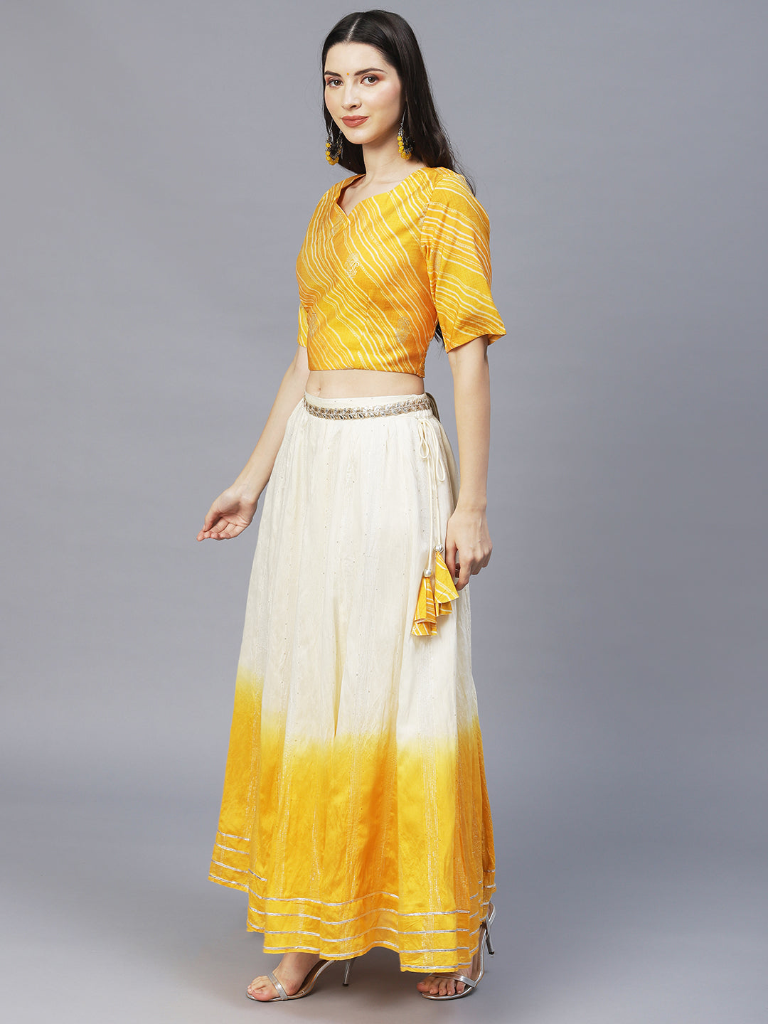 Ethnic Printed Short Top with Flared Skirt & Dupatta - Yellow