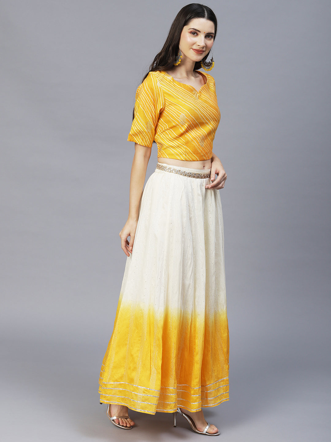 Ethnic Printed Short Top with Flared Skirt & Dupatta - Yellow