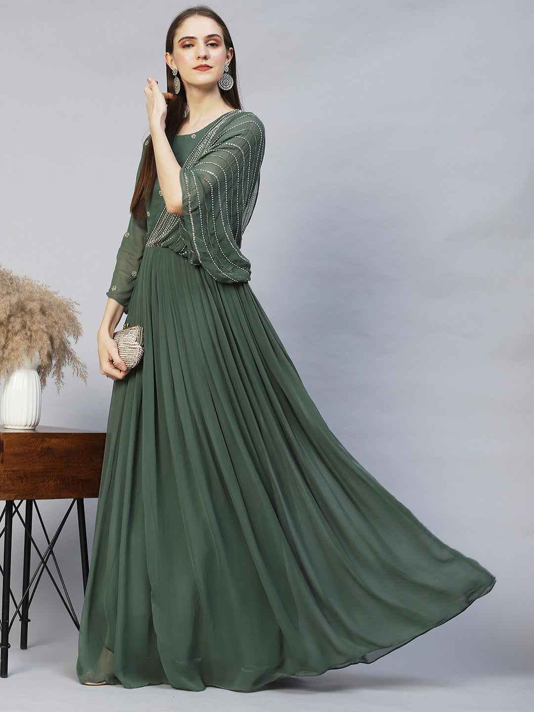 Ethnic Hand Embroidered Flared Maxi Dress - Green