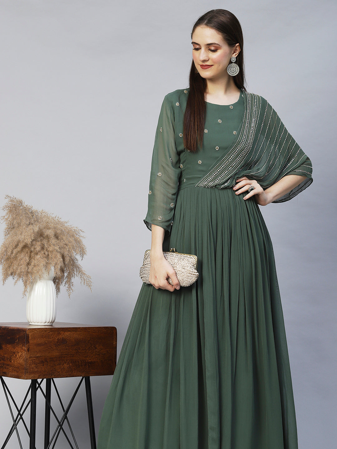 Ethnic Hand Embroidered Flared Maxi Dress - Green