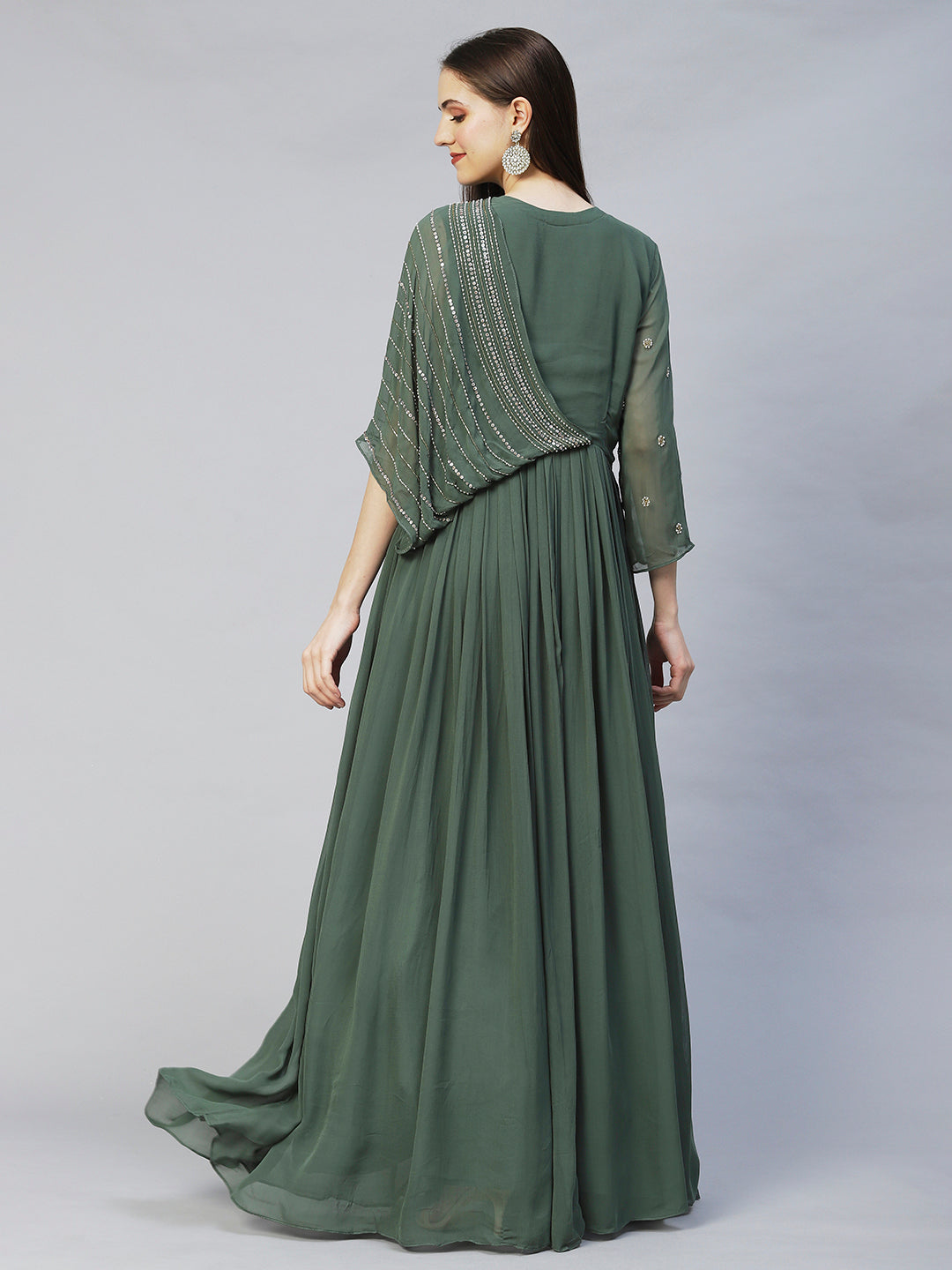 Ethnic Hand Embroidered Flared Maxi Dress - Green