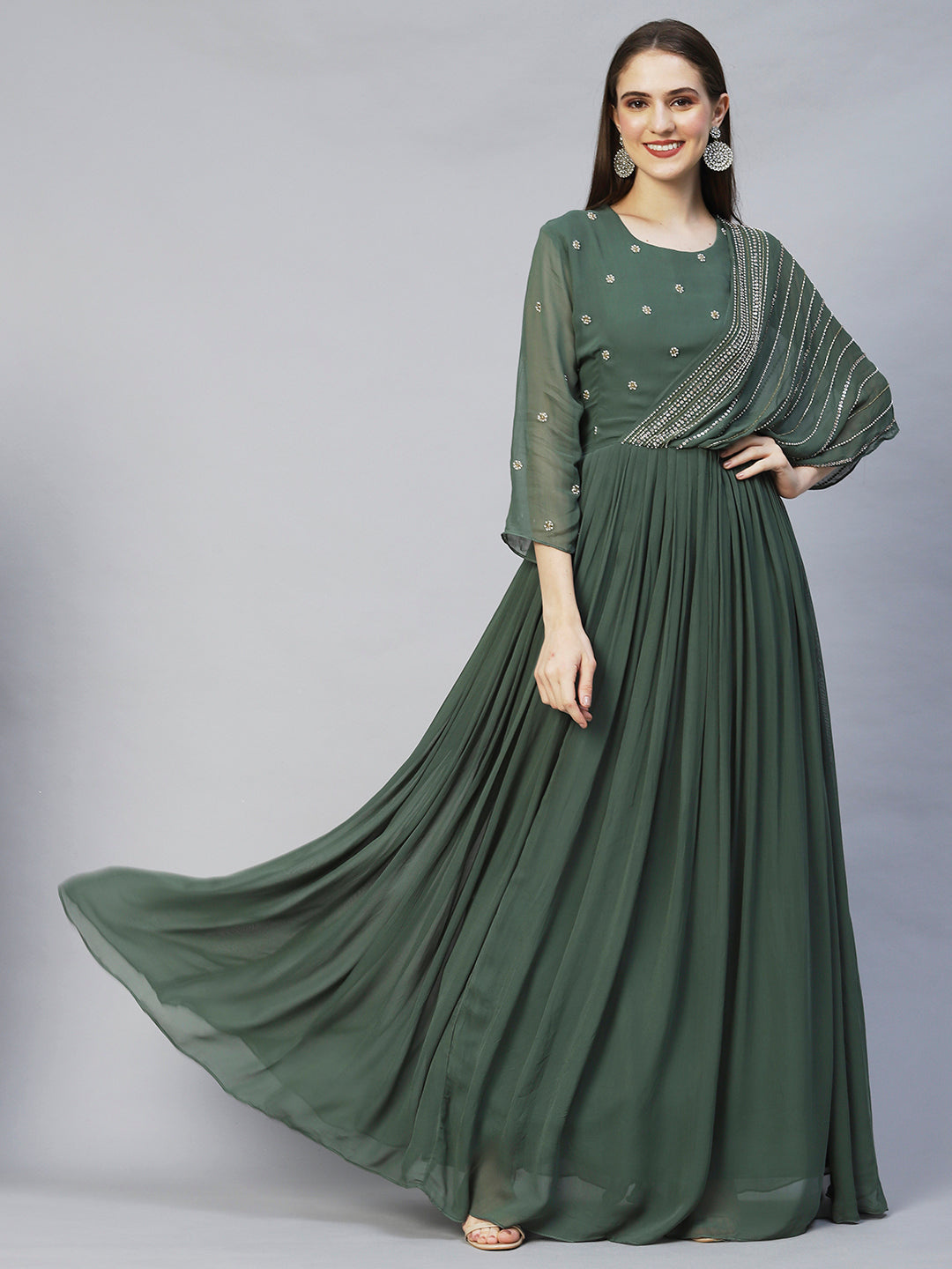 Ethnic Hand Embroidered Flared Maxi Dress - Green
