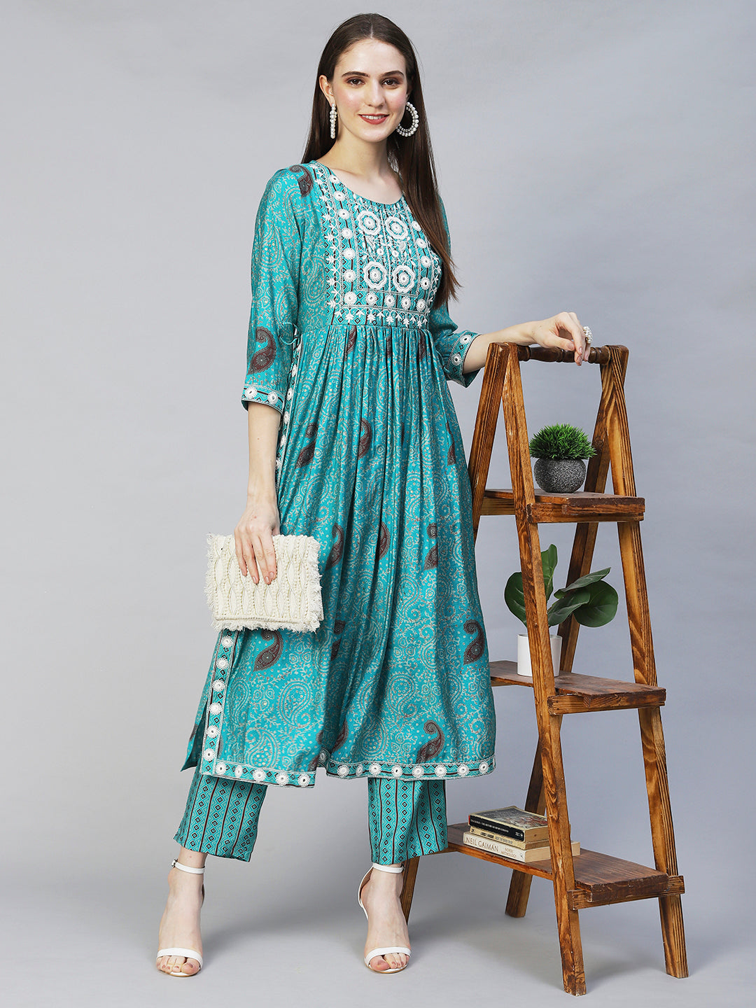 Ethnic Printed & Embroidered A-Line Kurta with Pants - Turquoise