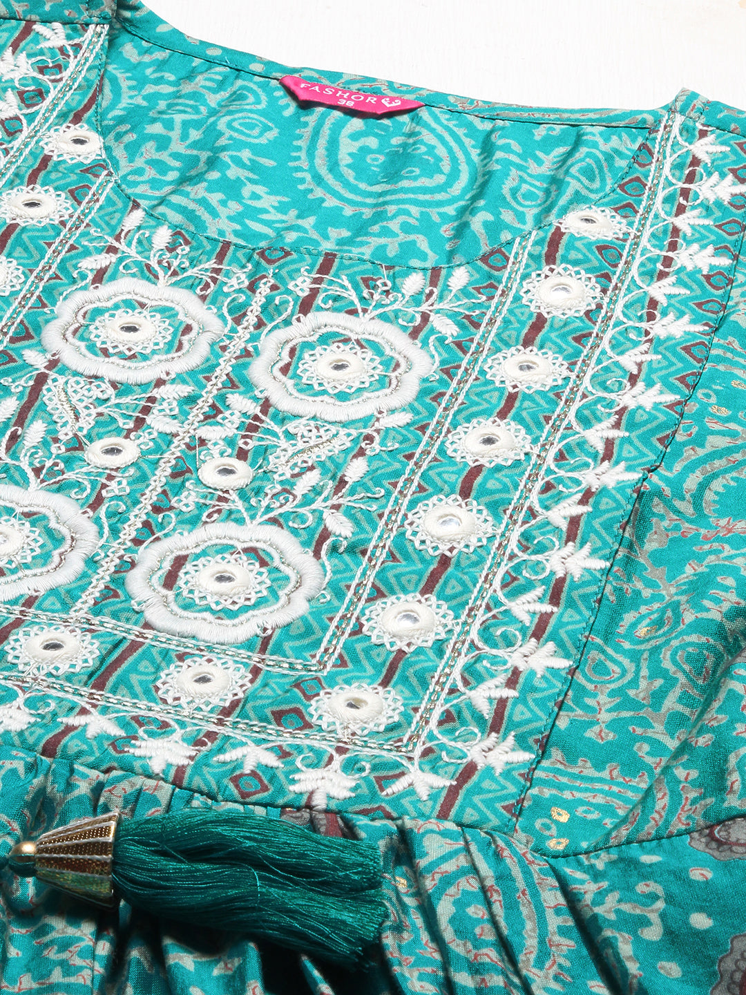 Ethnic Printed & Embroidered A-Line Kurta with Pants - Turquoise