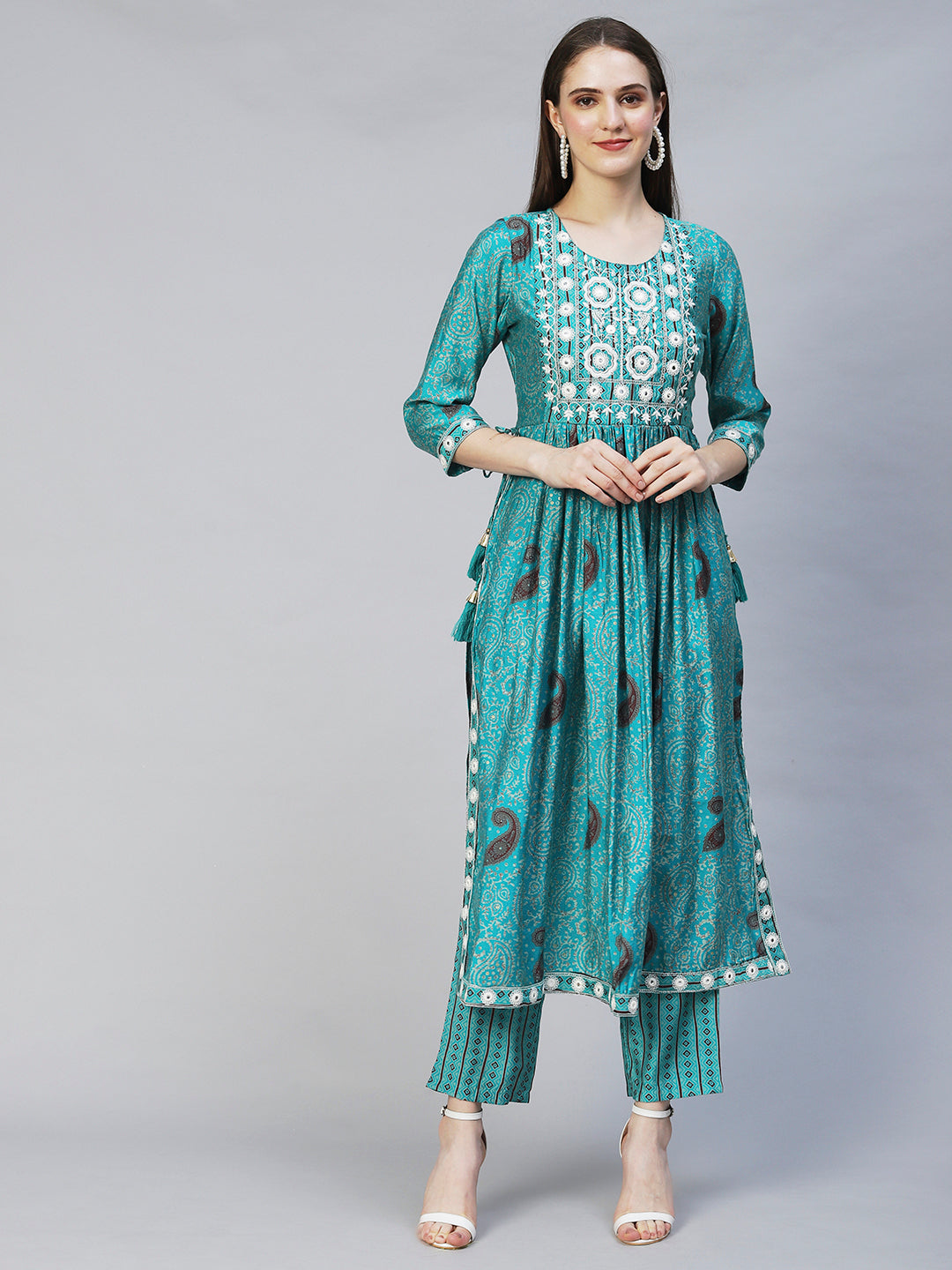 Ethnic Printed & Embroidered A-Line Kurta with Pants - Turquoise