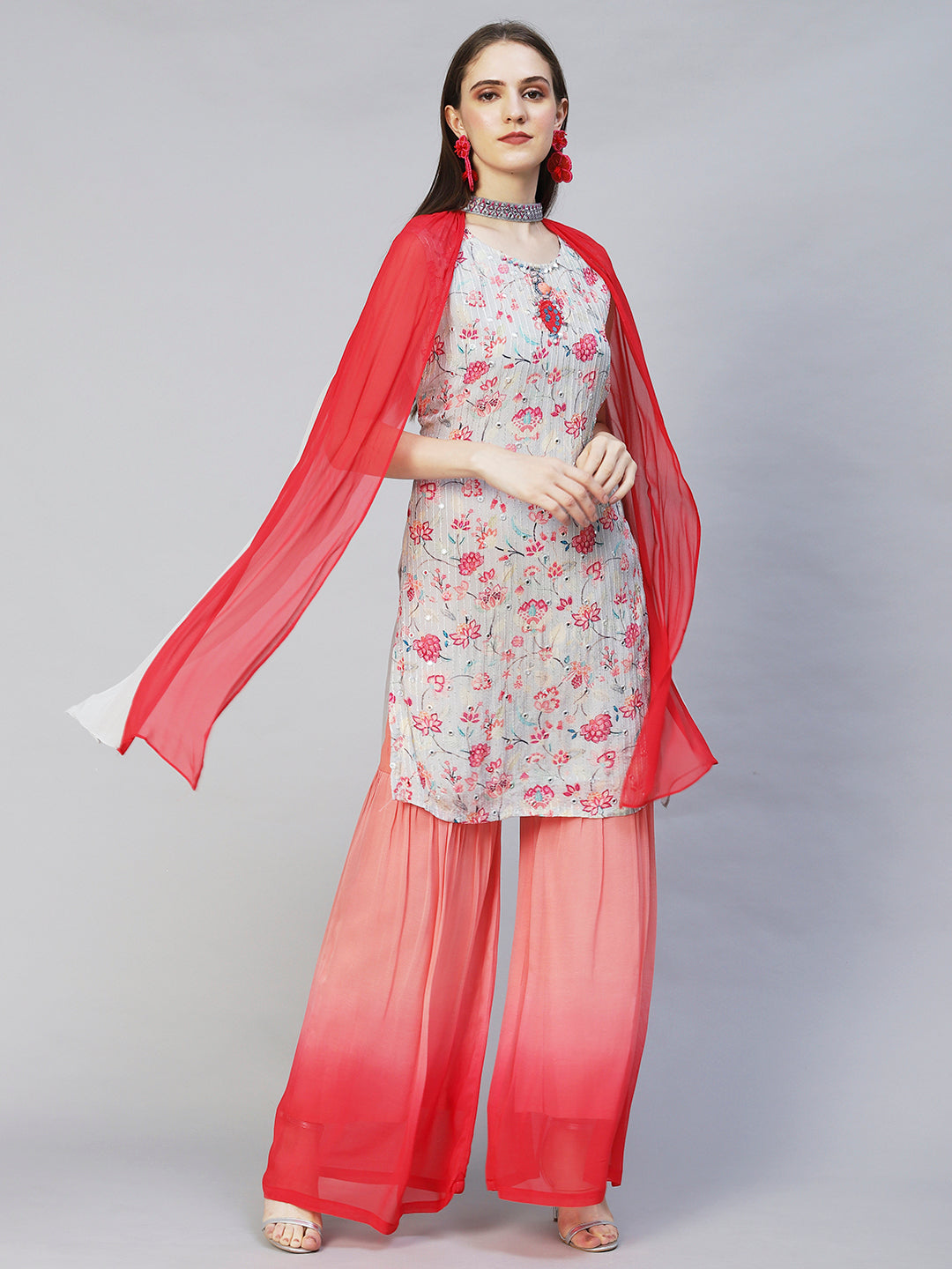 Floral Printed & Hand Embroidered Kurta with Sharara & Dupatta - Light Gray