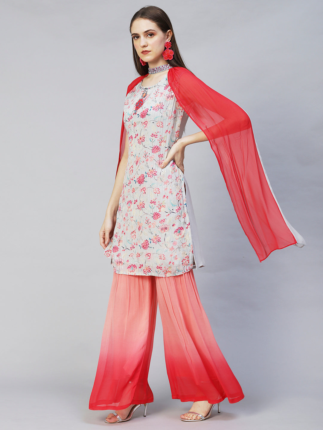 Floral Printed & Hand Embroidered Kurta with Sharara & Dupatta - Light Gray