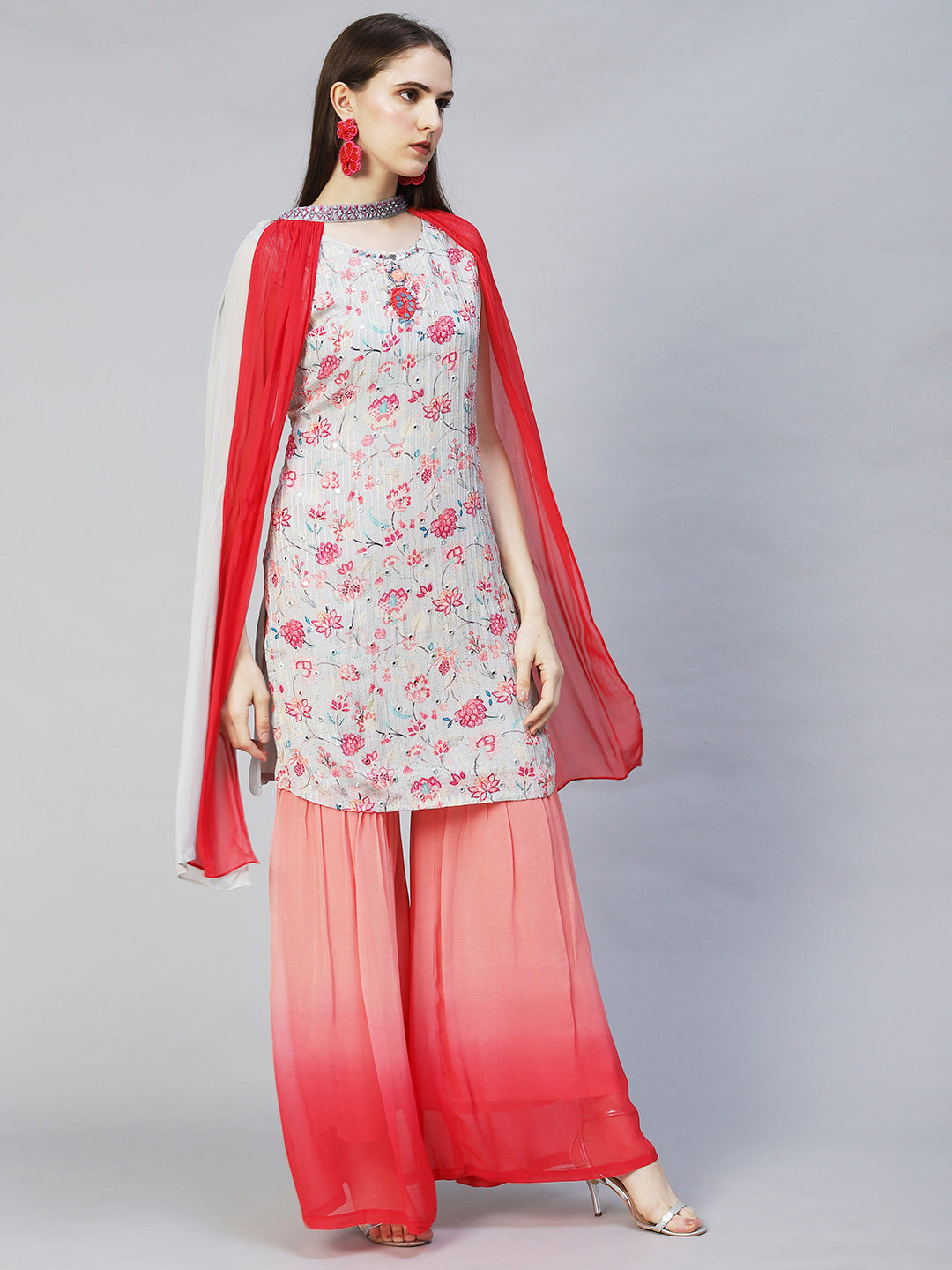 Floral Printed & Hand Embroidered Kurta with Sharara & Dupatta - Light Gray
