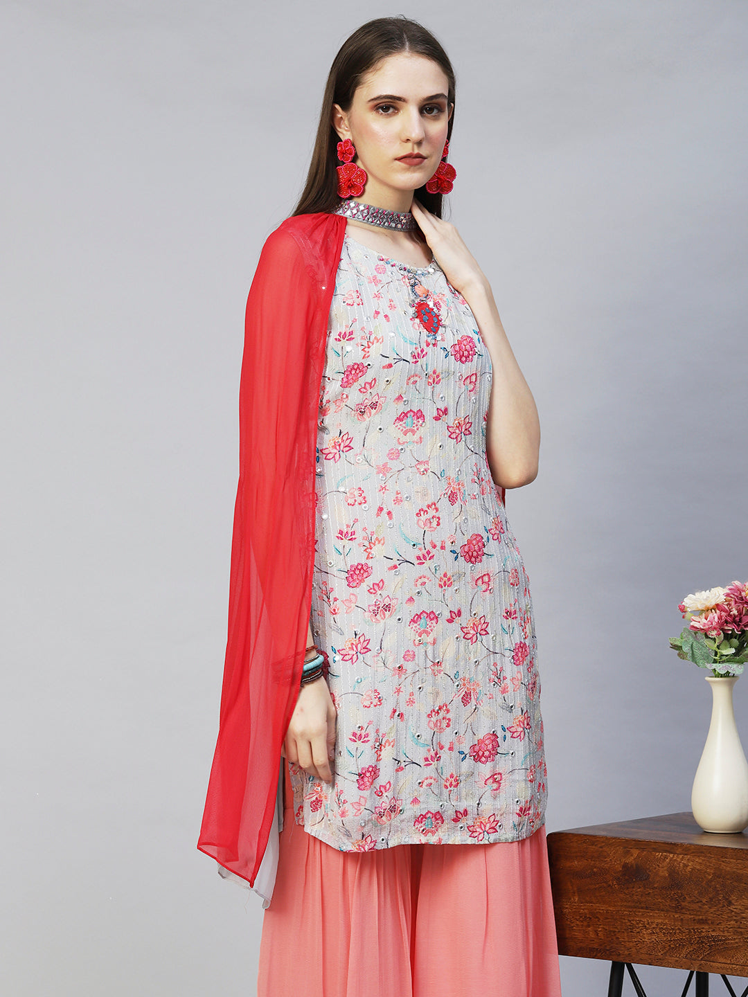 Floral Printed & Hand Embroidered Kurta with Sharara & Dupatta - Light Gray
