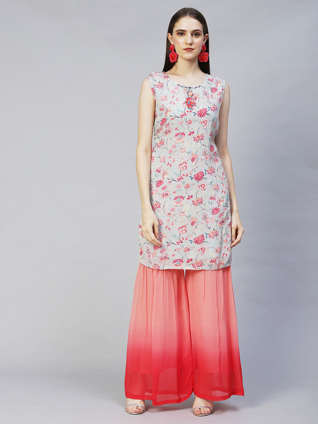 Floral Printed & Hand Embroidered Kurta with Sharara & Dupatta - Light Gray