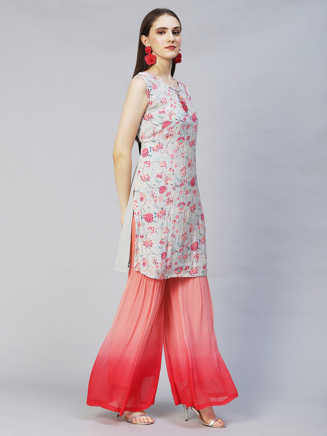 Floral Printed & Hand Embroidered Kurta with Sharara & Dupatta - Light Gray