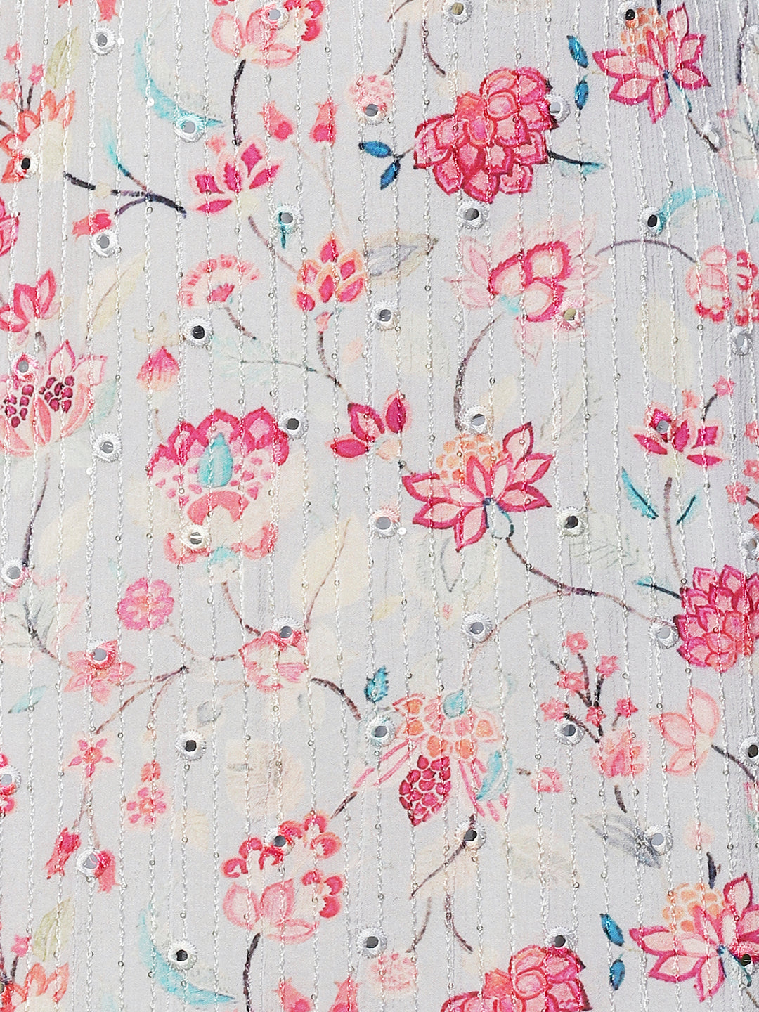 Floral Printed & Hand Embroidered Kurta with Sharara & Dupatta - Light Gray