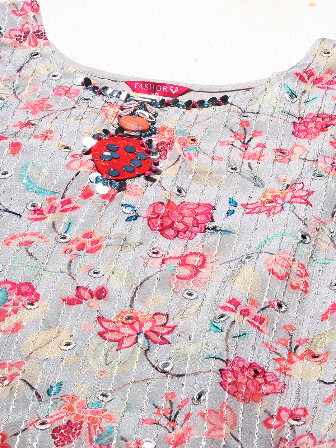 Floral Printed & Hand Embroidered Kurta with Sharara & Dupatta - Light Gray