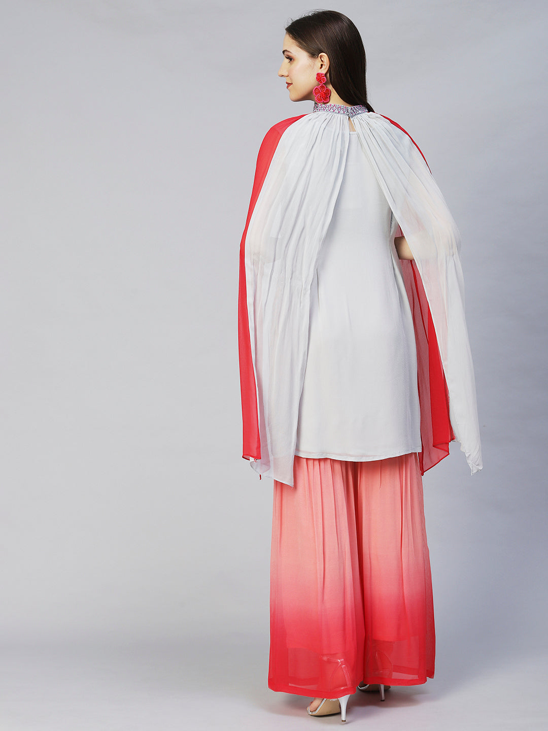 Floral Printed & Hand Embroidered Kurta with Sharara & Dupatta - Light Gray