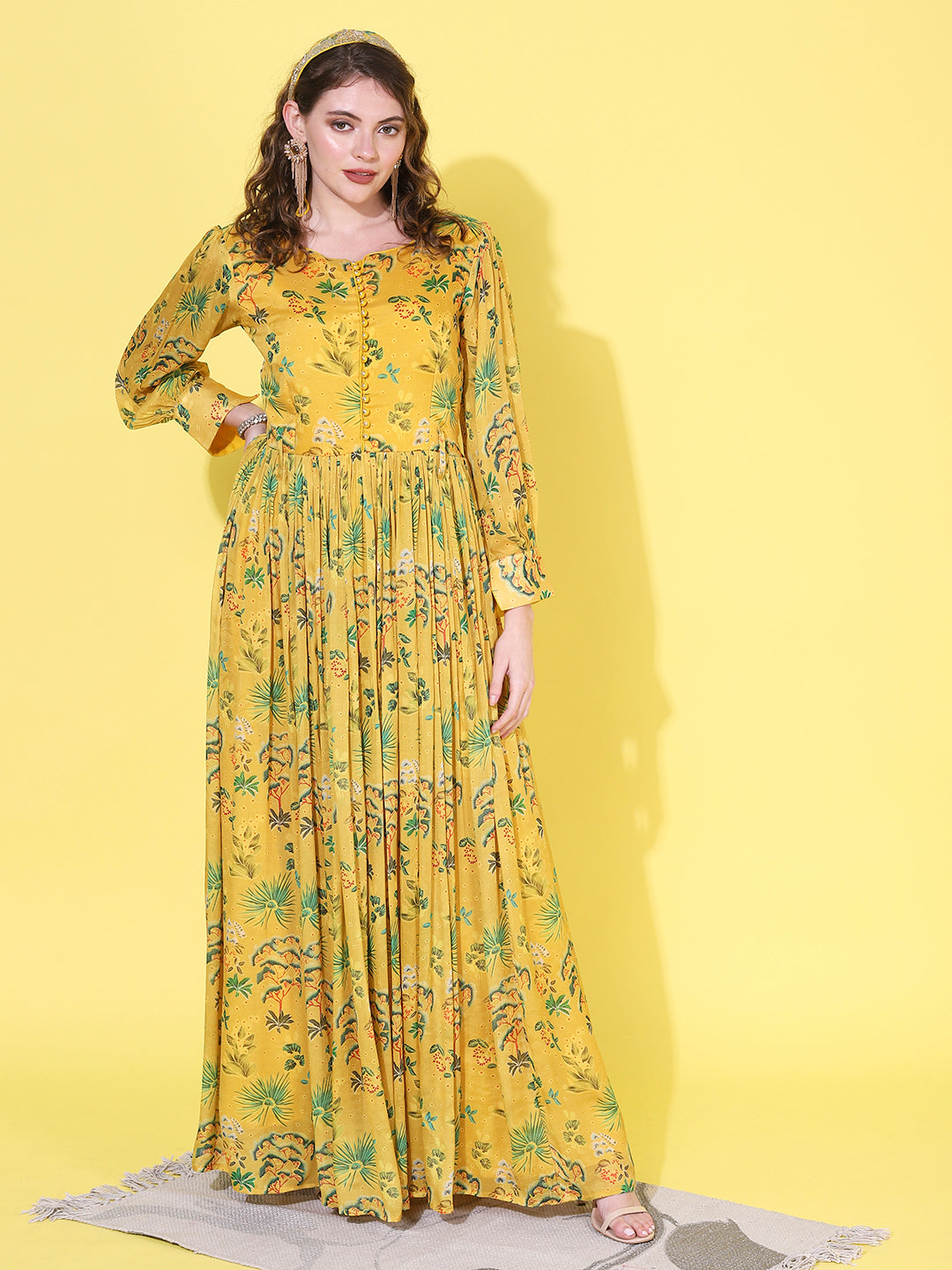 Floral Printed Flared Maxi Dress with Hand Embroidered Belt - Yellow