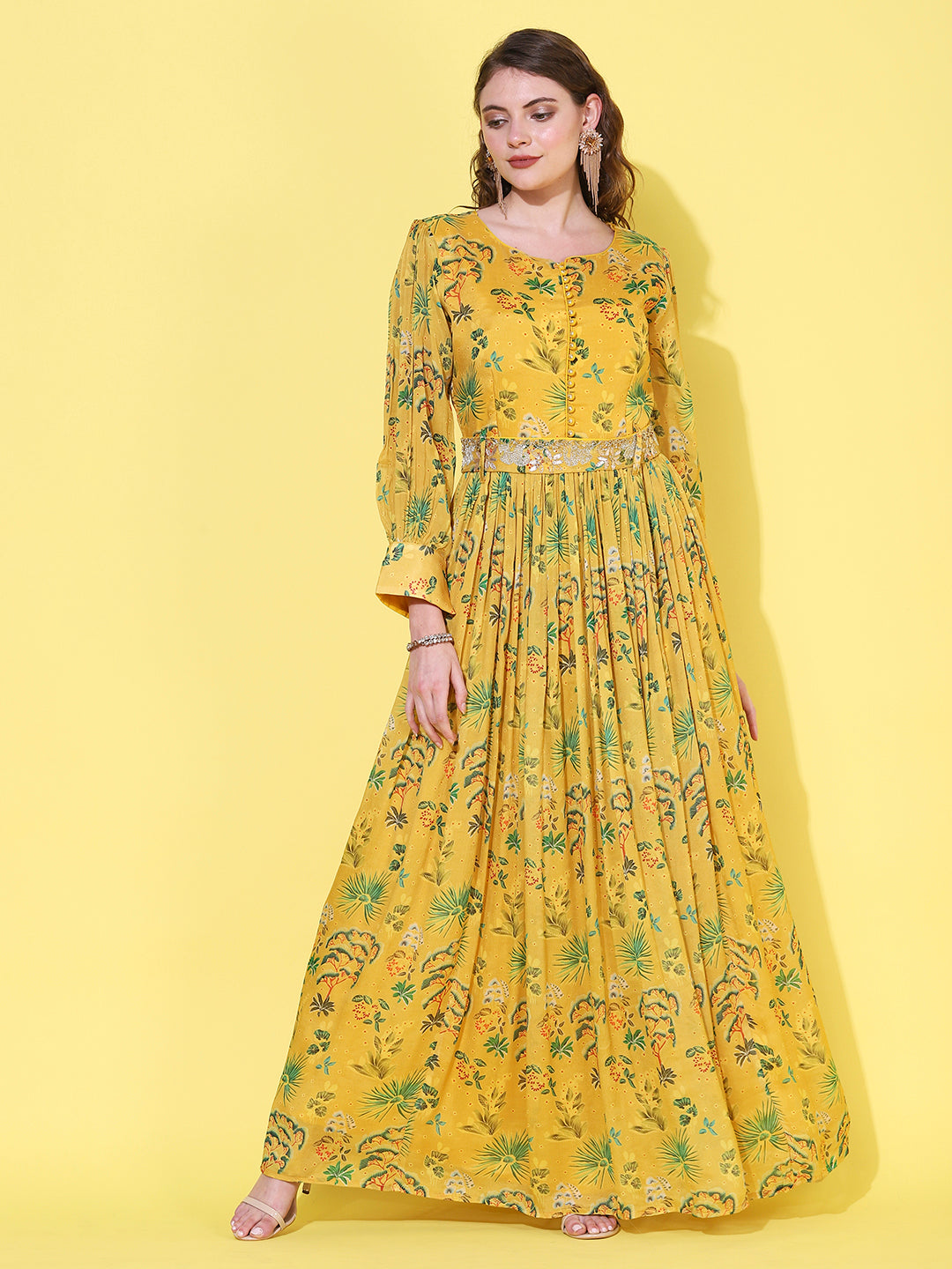 Floral Printed Flared Maxi Dress with Hand Embroidered Belt - Yellow