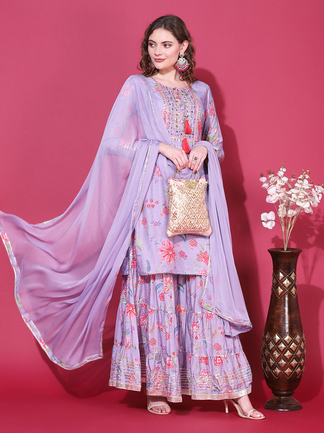 Floral Printed & Hand Embroidered Kurta with Sharara & Dupatta - Light Purple