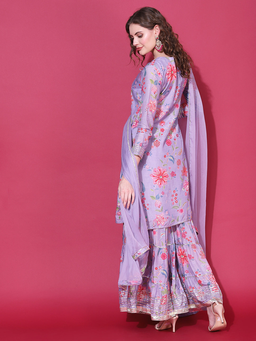 Floral Printed & Hand Embroidered Kurta with Sharara & Dupatta - Light Purple