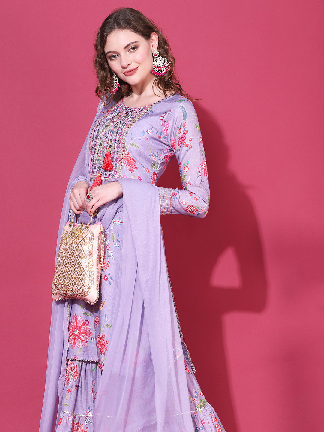 Floral Printed & Hand Embroidered Kurta with Sharara & Dupatta - Light Purple