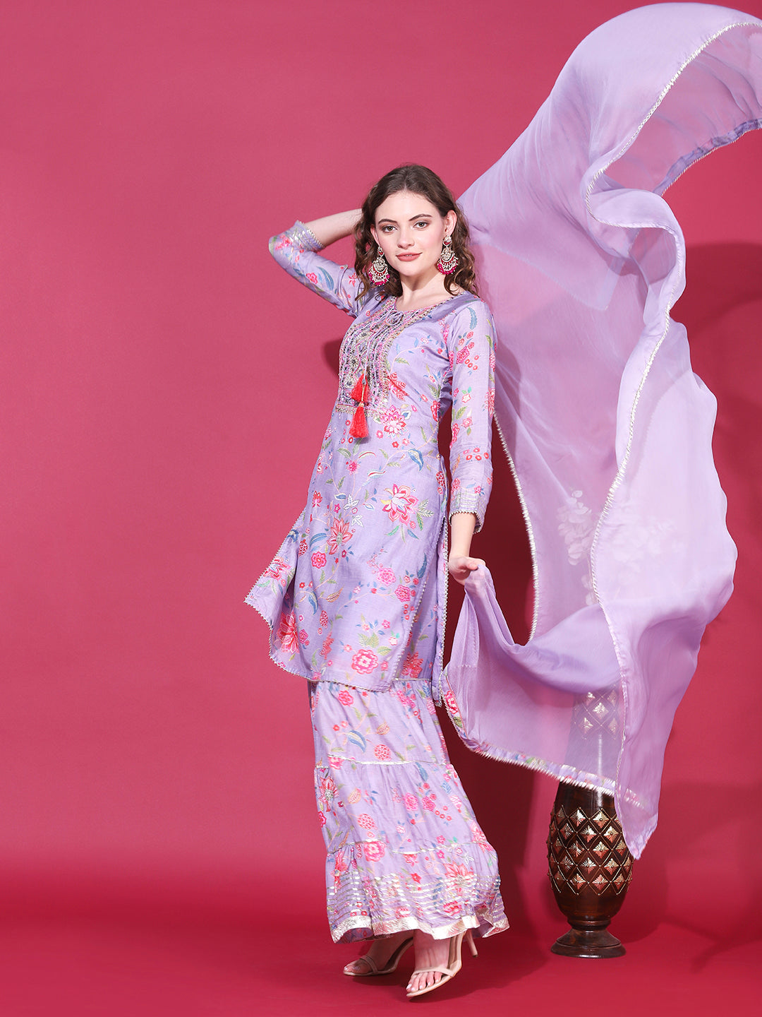 Floral Printed & Hand Embroidered Kurta with Sharara & Dupatta - Light Purple
