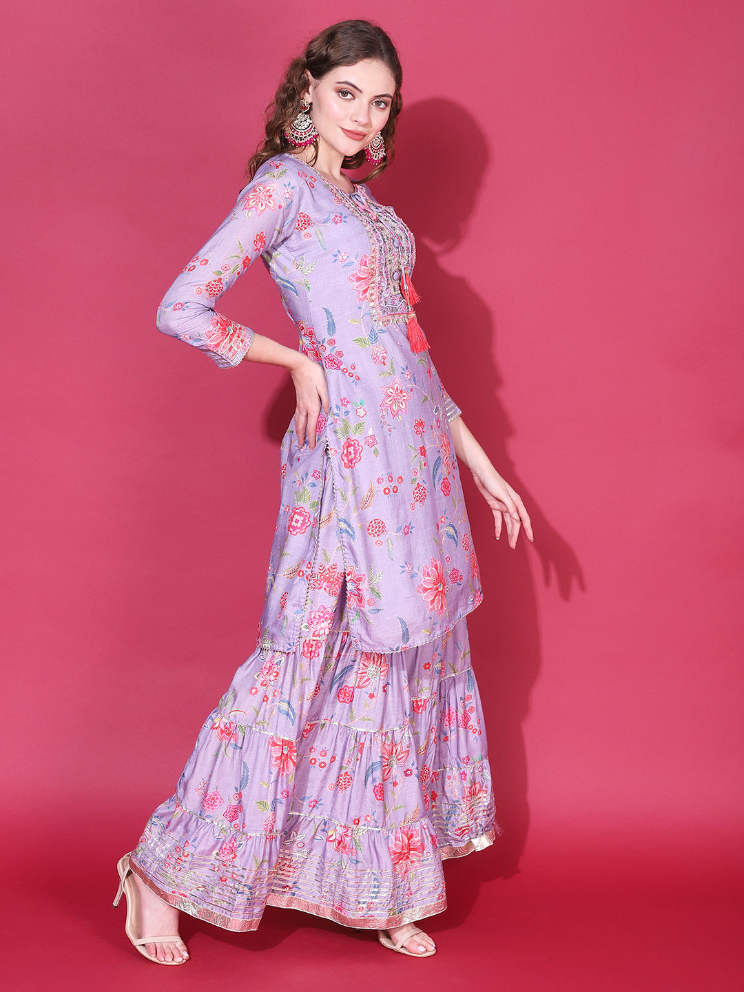 Floral Printed & Hand Embroidered Kurta with Sharara & Dupatta - Light Purple