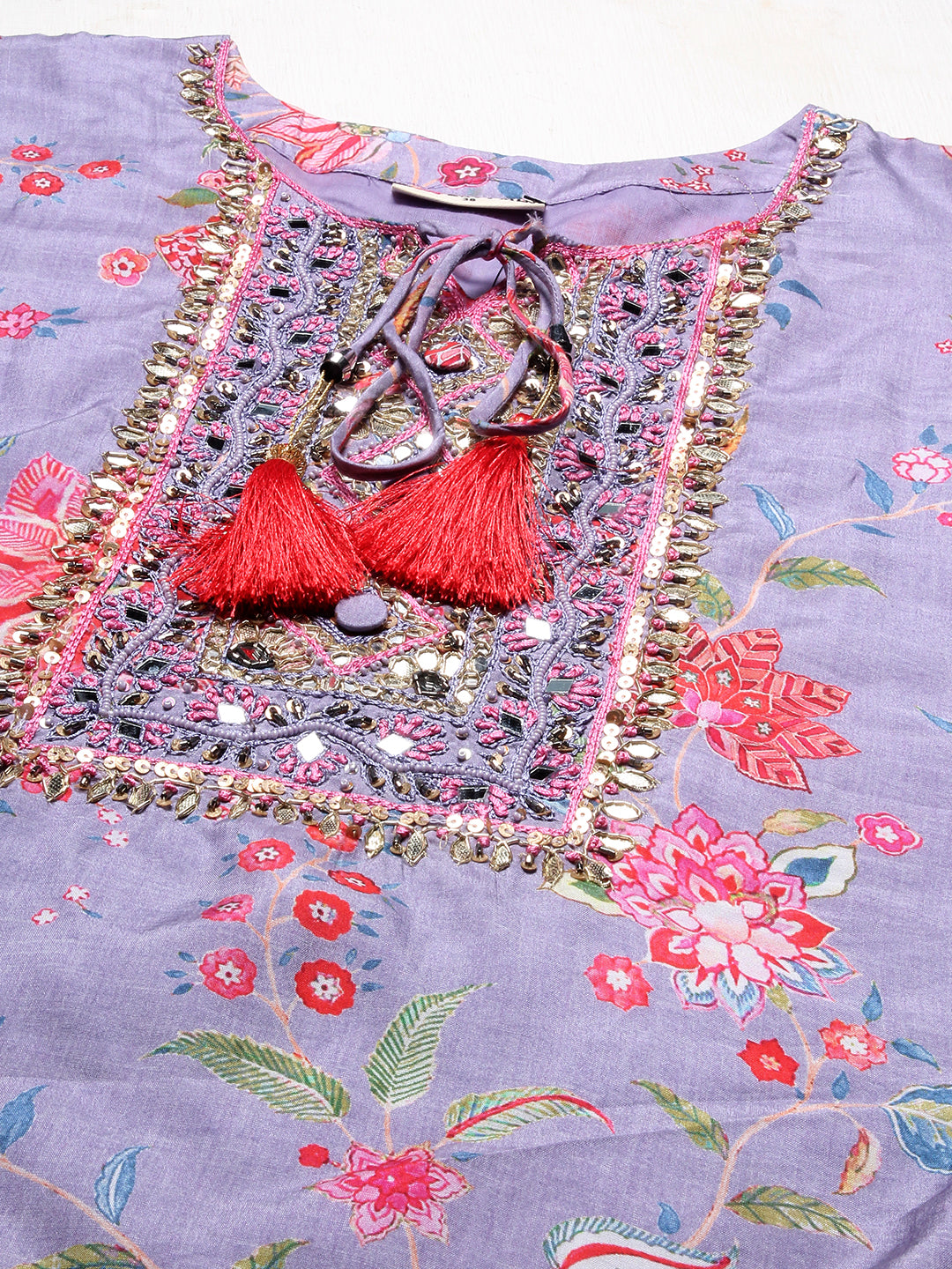 Floral Printed & Hand Embroidered Kurta with Sharara & Dupatta - Light Purple