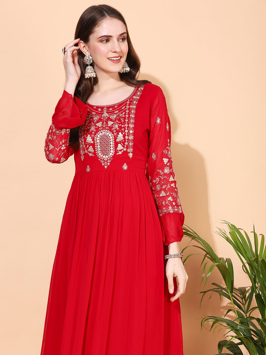 Floral Embroidered Flared Maxi Dress - Hot Pink