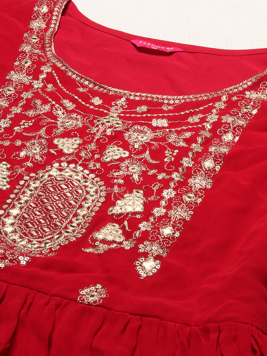 Floral Embroidered Flared Maxi Dress - Hot Pink