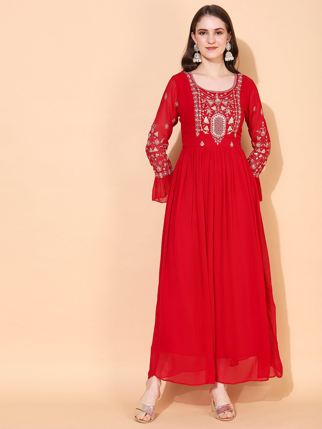 Floral Embroidered Flared Maxi Dress - Hot Pink