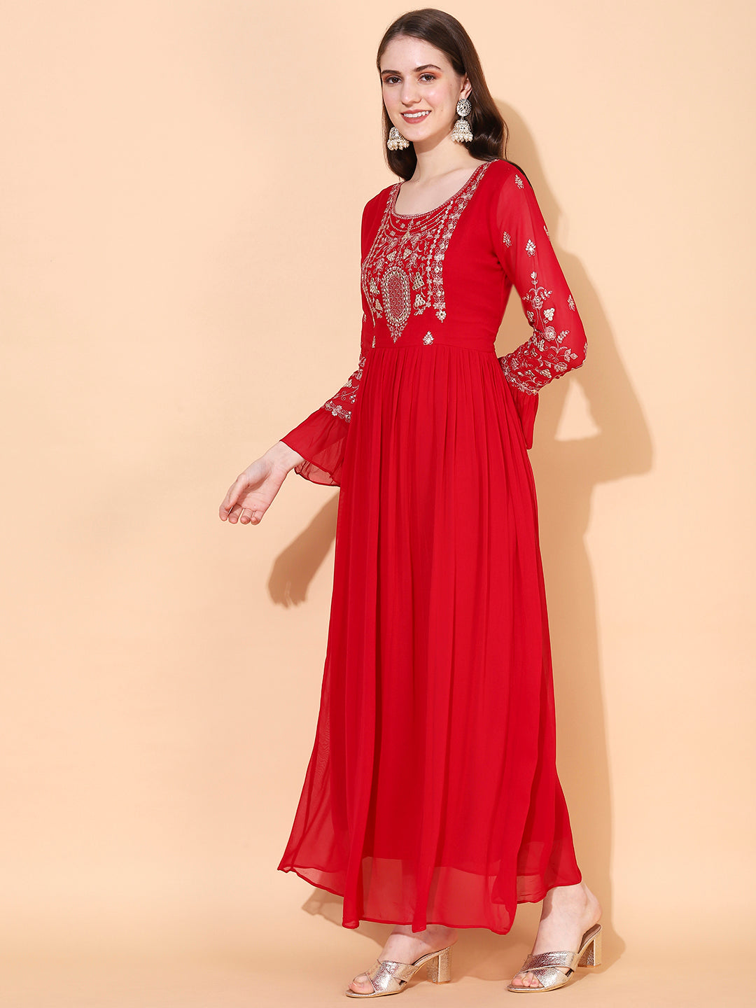 Floral Embroidered Flared Maxi Dress - Hot Pink