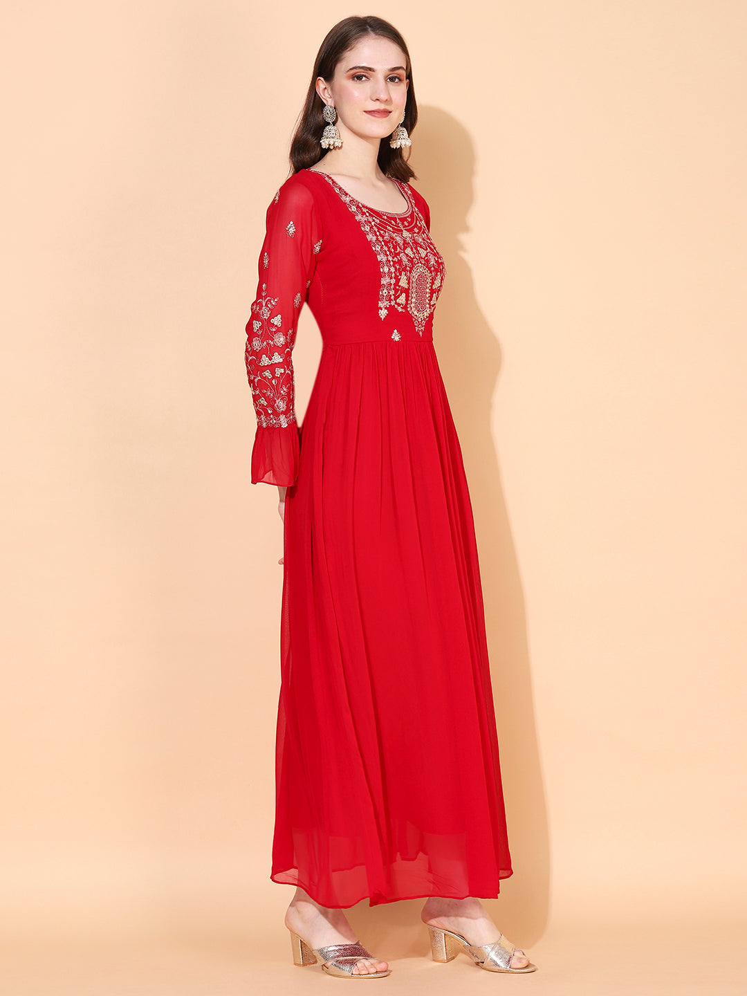 Floral Embroidered Flared Maxi Dress - Hot Pink