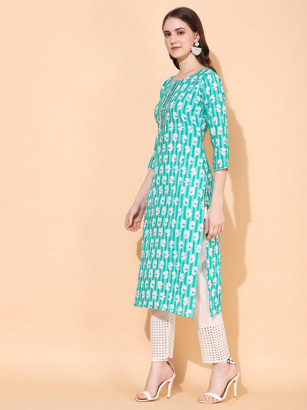 Ethnic Woven & Embroidered Straight Fit Kurta - Mint Green