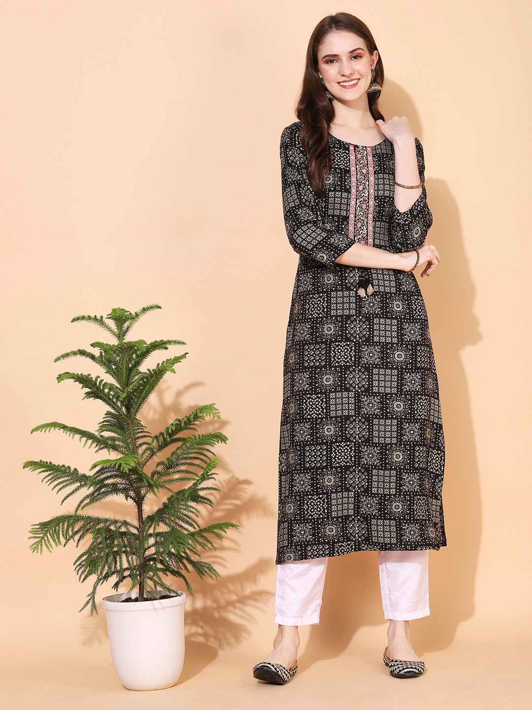 Ethnic Printed & Hand Embroidered Straight Fit Kurta - Black
