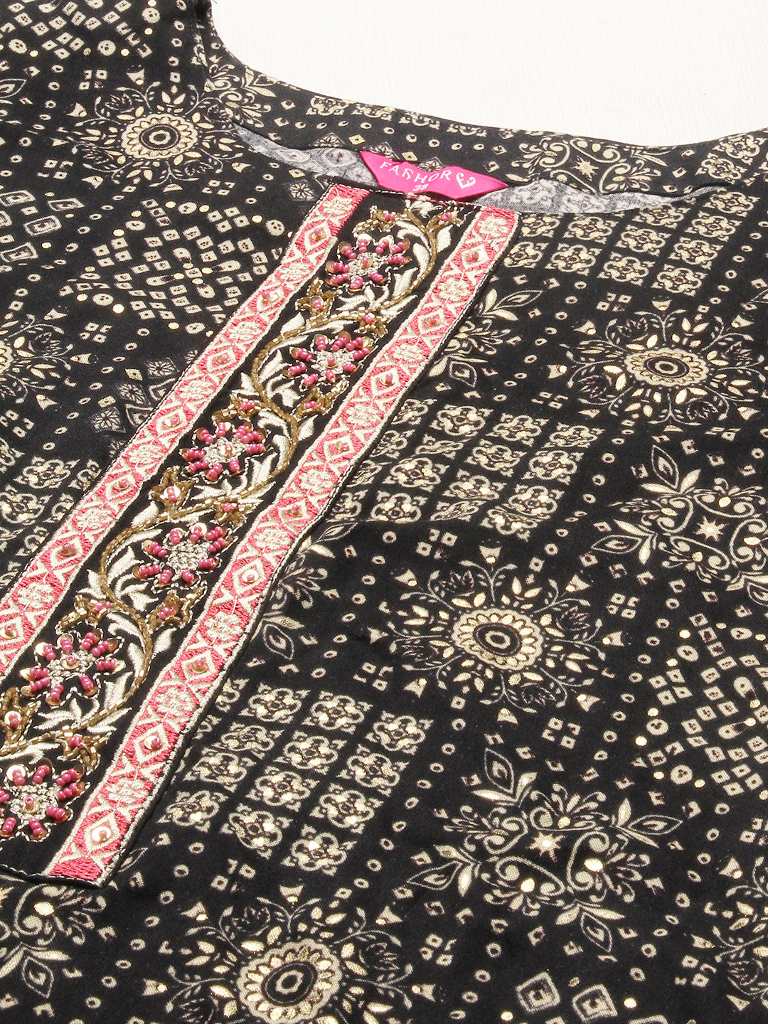 Ethnic Printed & Hand Embroidered Straight Fit Kurta - Black