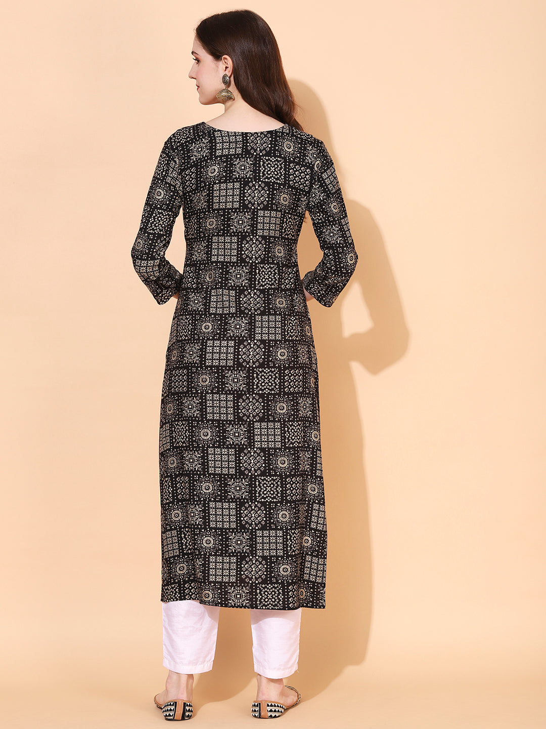 Ethnic Printed & Hand Embroidered Straight Fit Kurta - Black