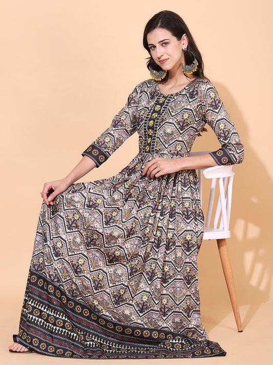 Ethnic Printed & Hand Embroidered Flared Maxi Dress - Multi