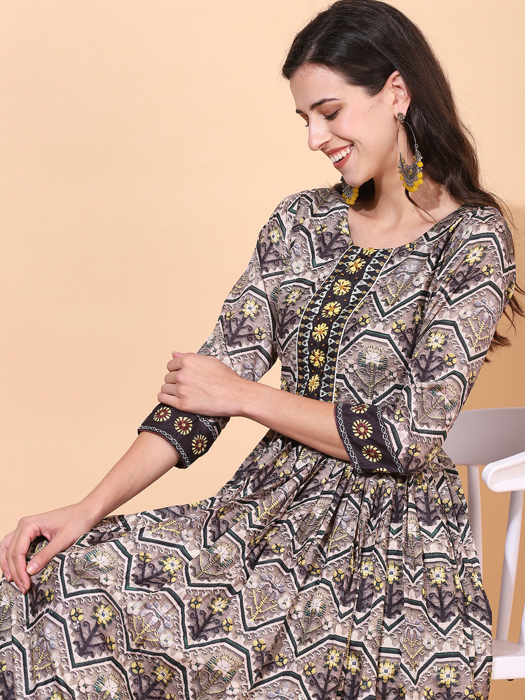 Ethnic Printed & Hand Embroidered Flared Maxi Dress - Multi